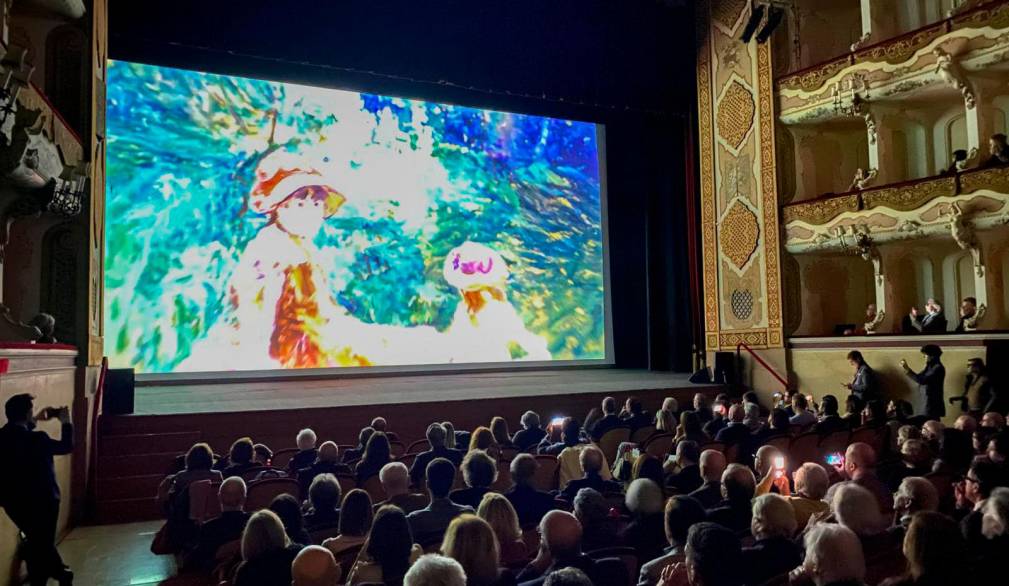 Un’immagine dalla presentazione della mostra con Marco Goldin al teatro Del Monaco